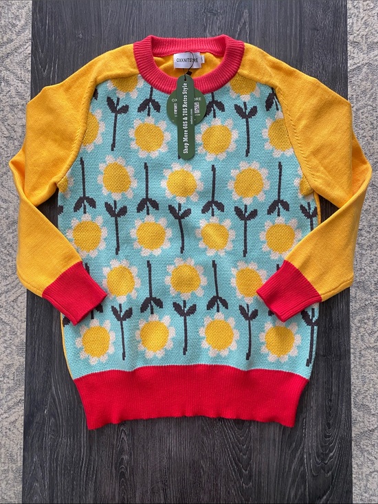 OXKnit Sweaters - Oxknit Women's Floral Crewneck Sweater in Yellow & Teal